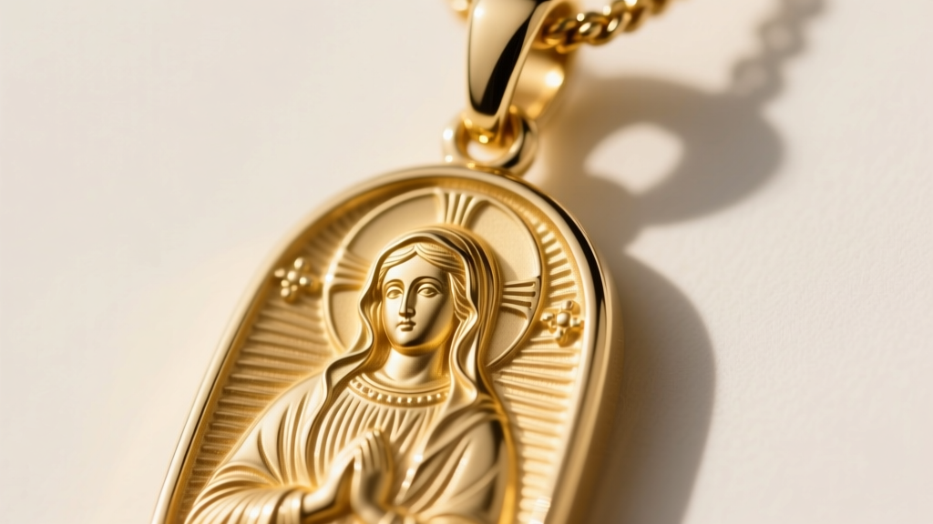 Macro shot of an 18k gold virgin mary pendant showing deep high-relief engraving, polished edges, and a sturdy soldered bail.