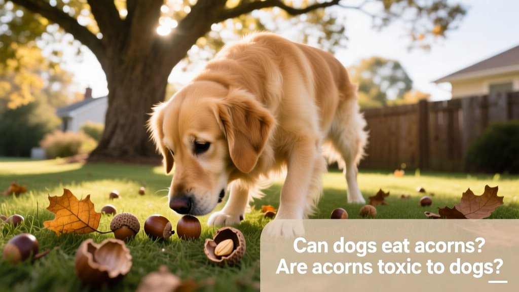 A dog sniffing fallen acorns under an oak tree in a backyard