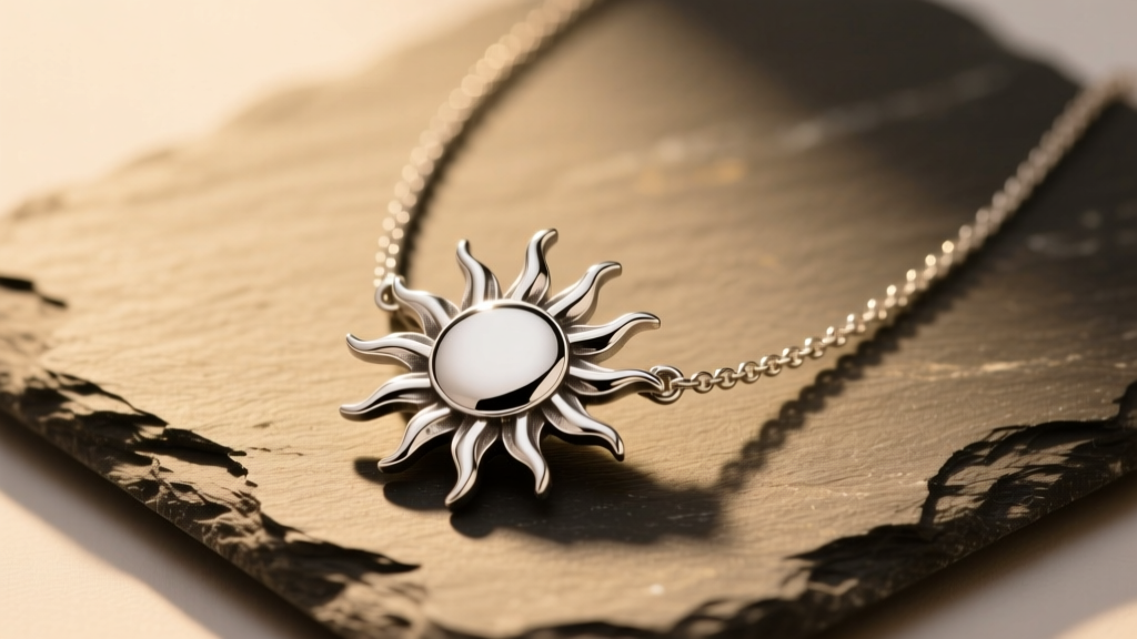 Sterling silver half sun necklace on slate showing intricate rays and oxidation in the crevices under soft warm studio lighting.
