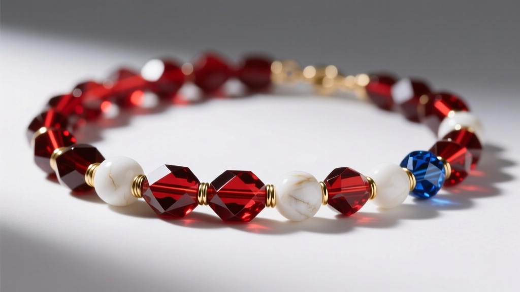 Macro shot of a red white and blue bead necklace featuring faceted carnelian and matte white howlite with gold wire spacers