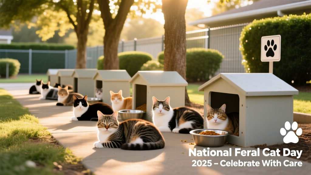 A group of healthy, well-groomed feral cats resting peacefully in a shaded outdoor colony with clean feeding stations and shelter boxes