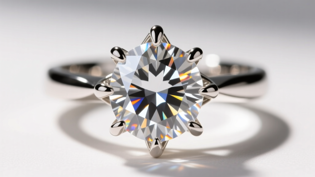 Close-up of a six-prong cathedral setting holding a colorless moissanite, demonstrating optimal light return from the pavilion