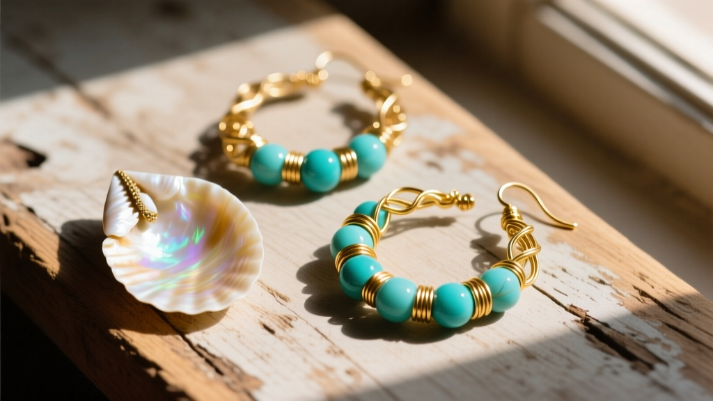 Flat lay of bohemian dentalium shell hoop earrings with turquoise beads and gold-filled wire wrapping on a rustic wooden surface
