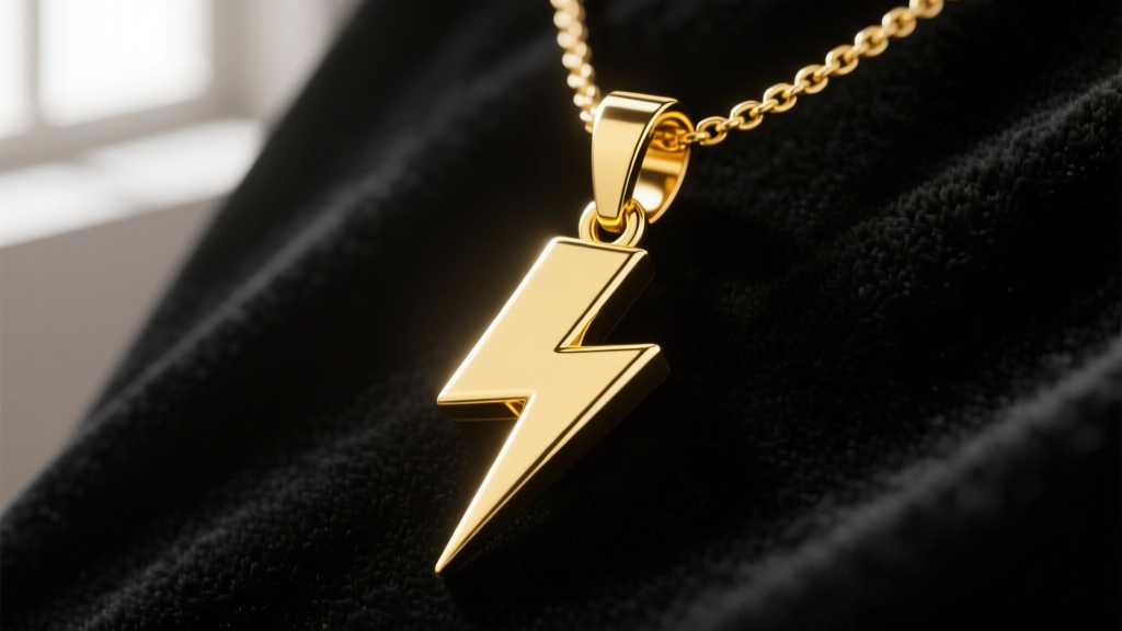 Close-up of a solid 14k yellow gold TCB lightning bolt necklace on dark velvet, showing polished edges and the pendant bail.