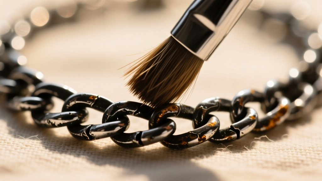 A soft-bristled brush gently cleaning the intricate crevices of an antique blackened sterling silver chain link necklace.