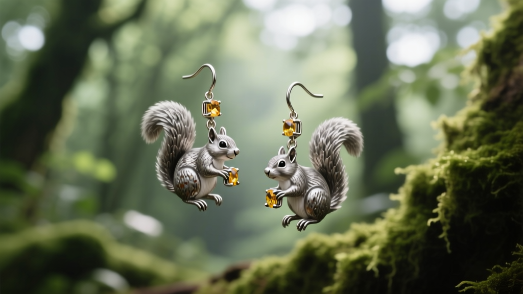 Close-up of oxidized silver squirrel dangle earrings with tiny citrine gems against a softly blurred green forest background