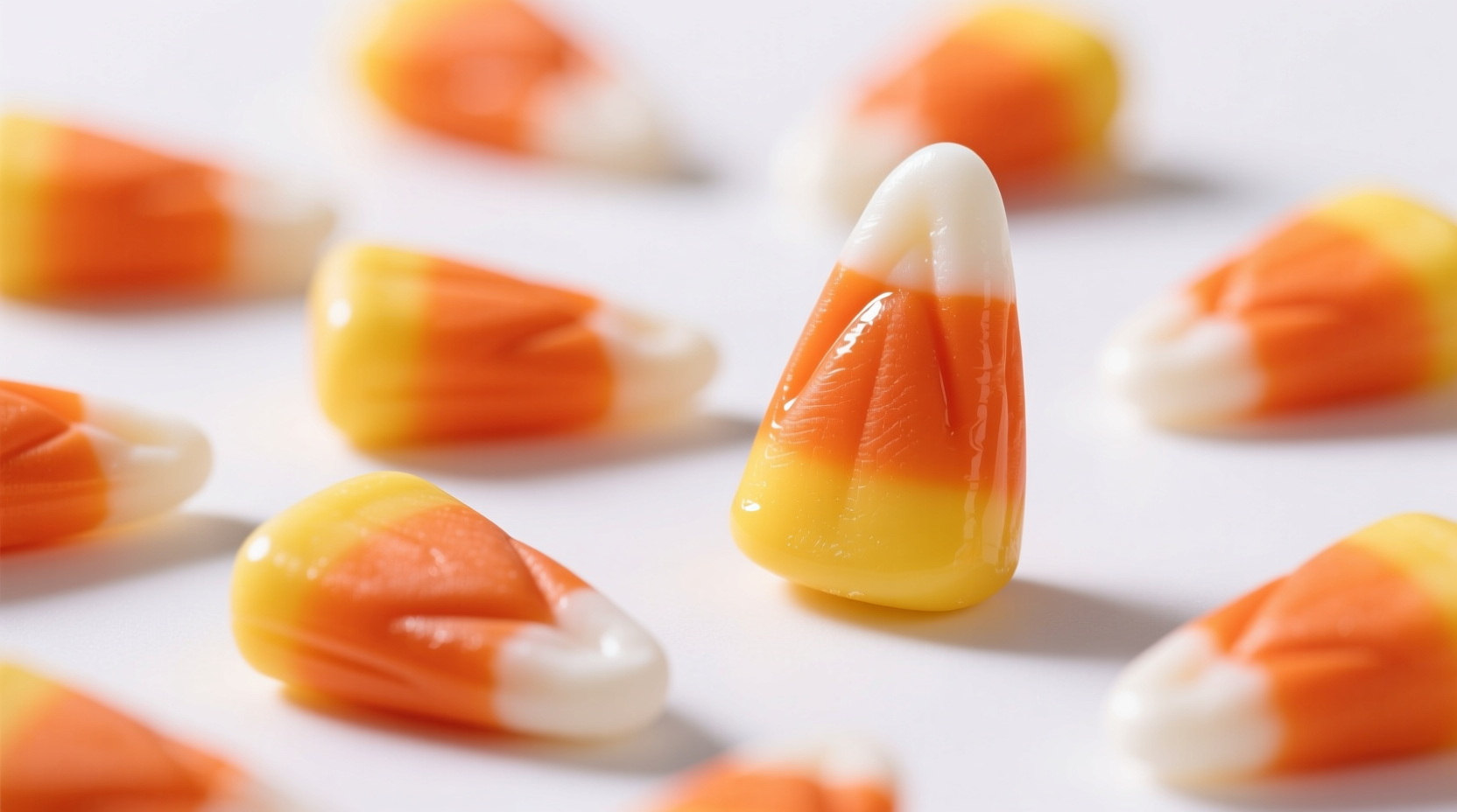 Close-up of candy corn pieces on white background