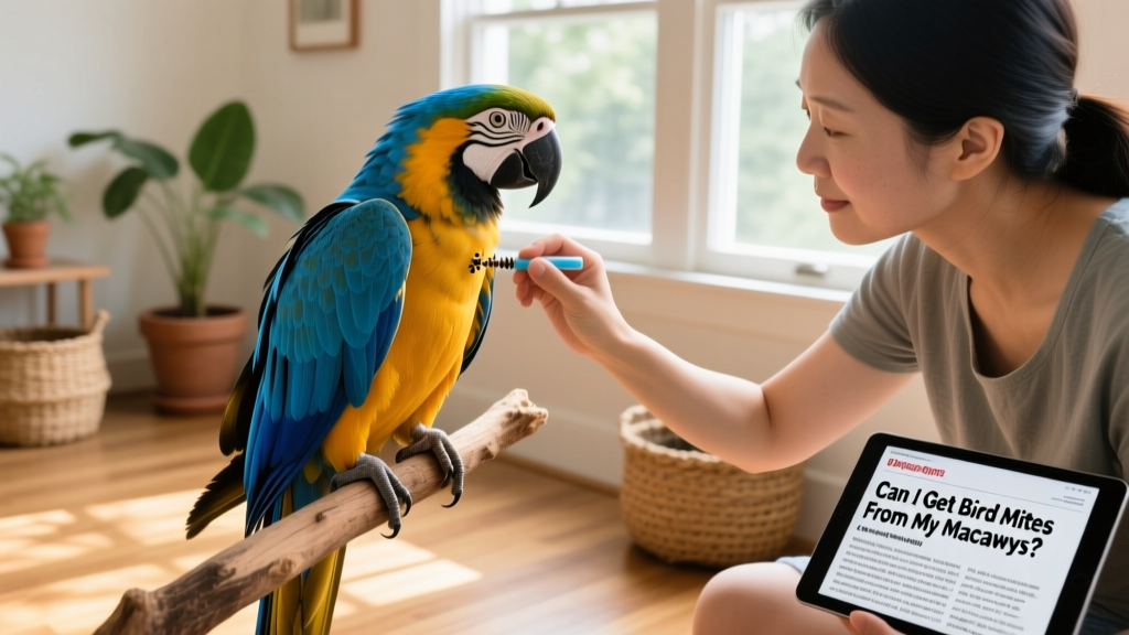 Macaw perched calmly while owner applies a vet-approved topical mite treatment