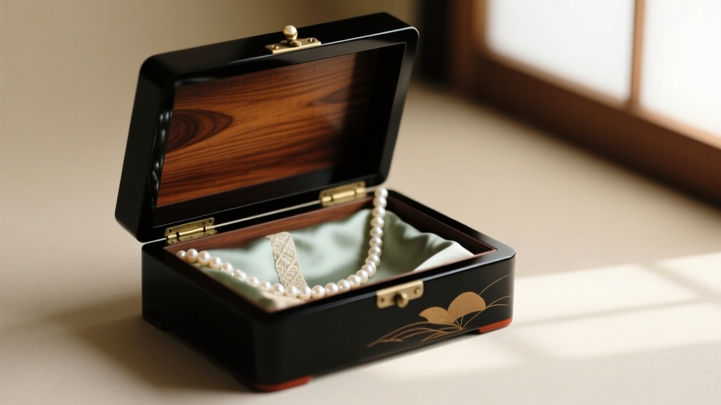Open vintage Japanese black lacquer box revealing the paulownia wood core and faded silk interior holding delicate pearl strands.