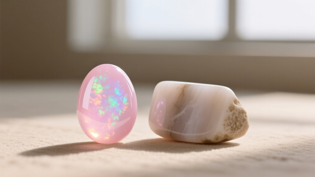 Natural pink opal cabochon beside dyed howlite, showing the translucent glow of the opal versus the flat opaque color of the dye.