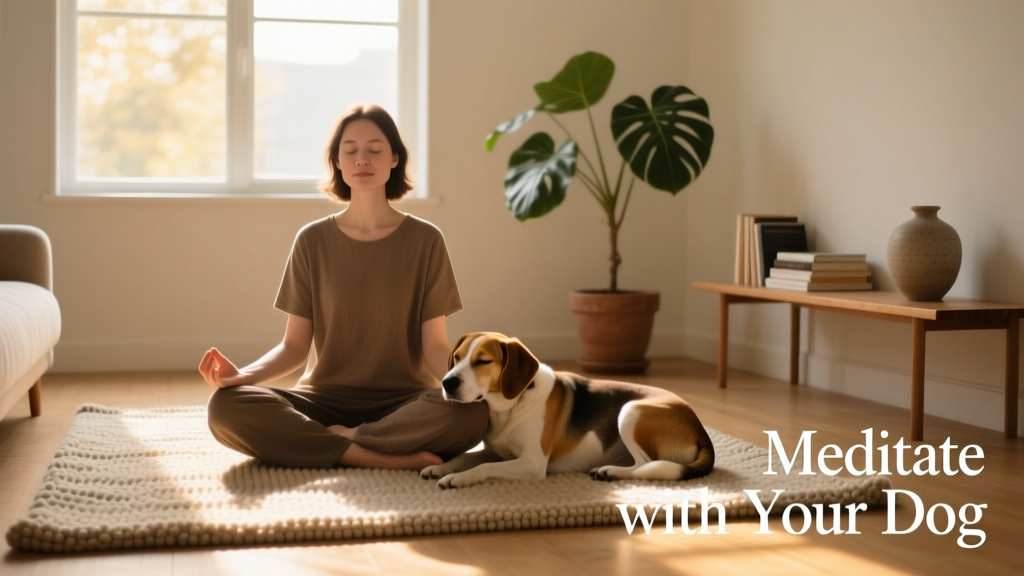 A person sitting cross-legged on a rug with their dog resting calmly beside them, soft natural light in the background