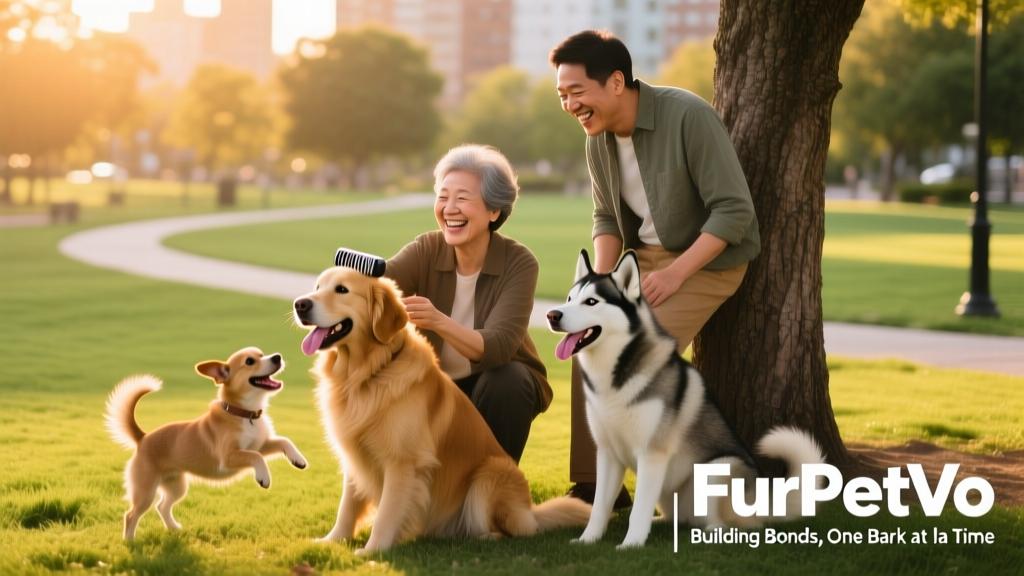 Group photo of three FurPetVo members with their dogs in a sunny dog park, smiling and relaxed
