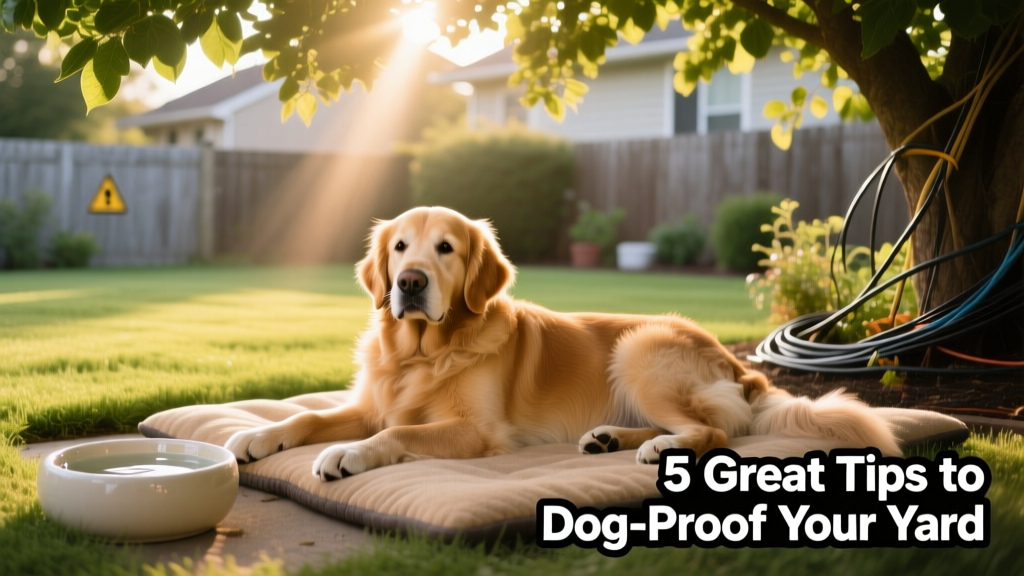 Dog resting comfortably under a shaded canopy with a clean water bowl nearby