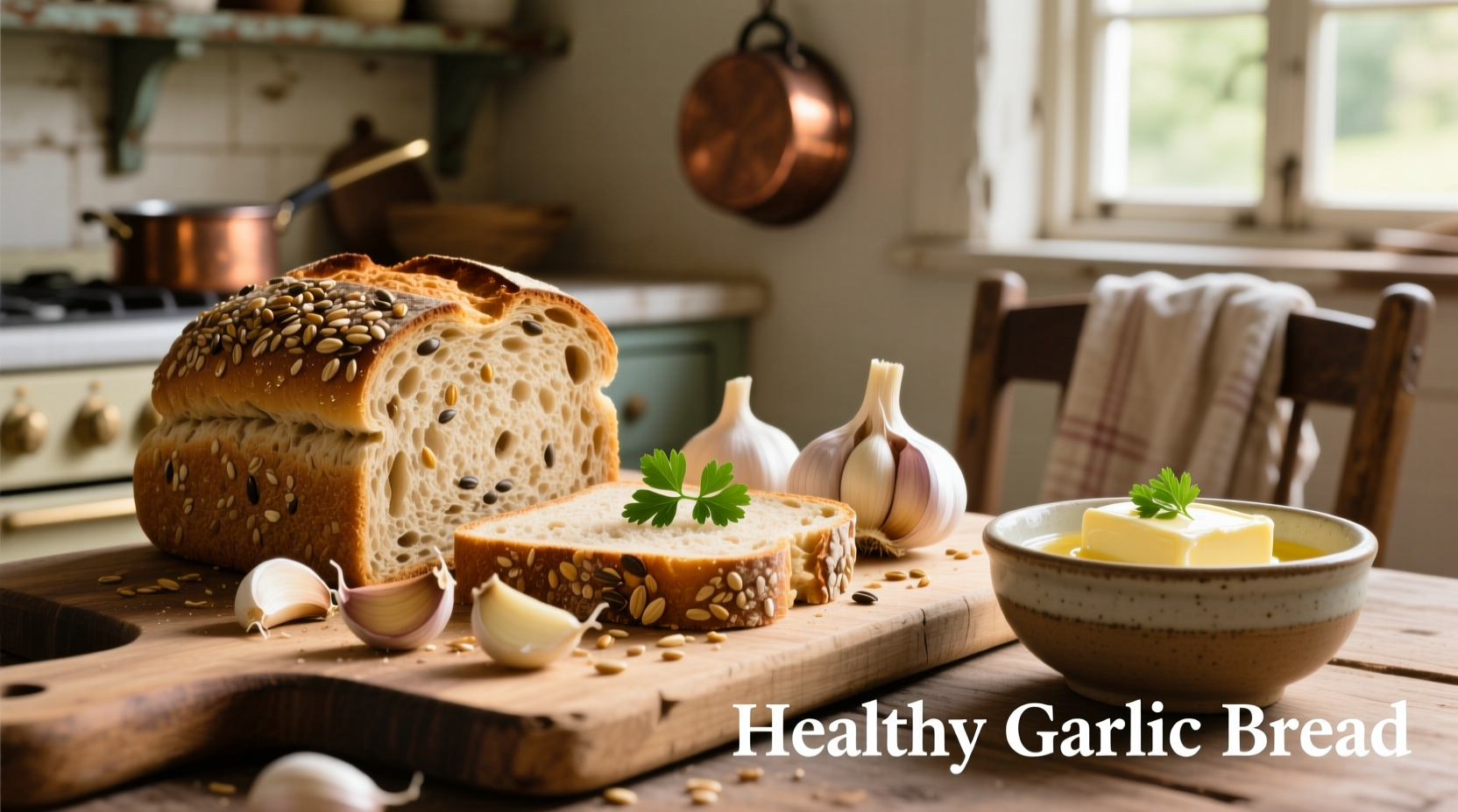 Fresh garlic cloves and whole grain bread for healthy garlic bread