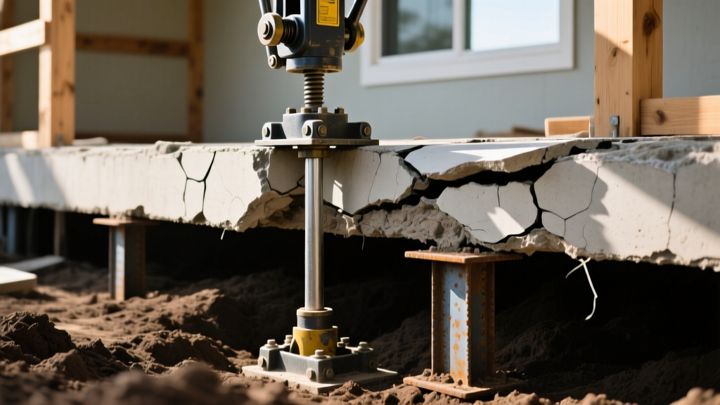 Hydraulic jack lifting a cracked concrete slab foundation in a North Texas home, revealing steel piers and dark expansive clay soil beneath