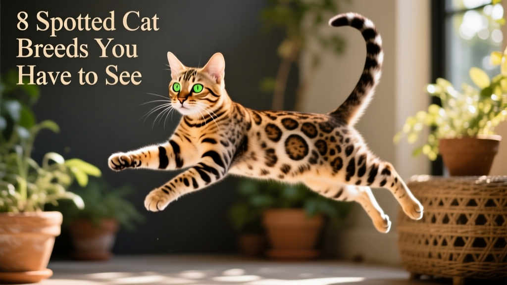 A playful Bengal cat leaping mid-air, showcasing its striking spotted coat and bright green eyes