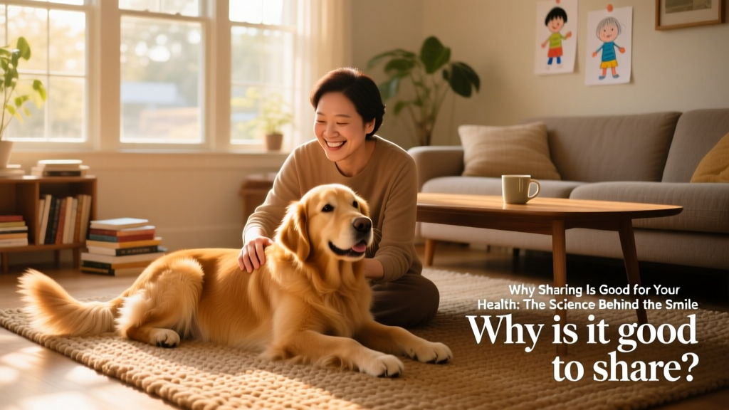 A person smiling while gently petting a relaxed golden retriever on a sunlit living room floor