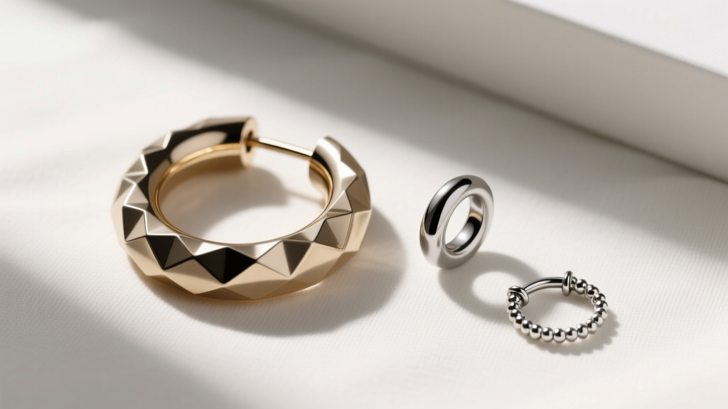 Flat lay of a luxury hoop earring set including a large textured lobe hoop, a medium clicker helix hoop, and a tiny tragus huggie