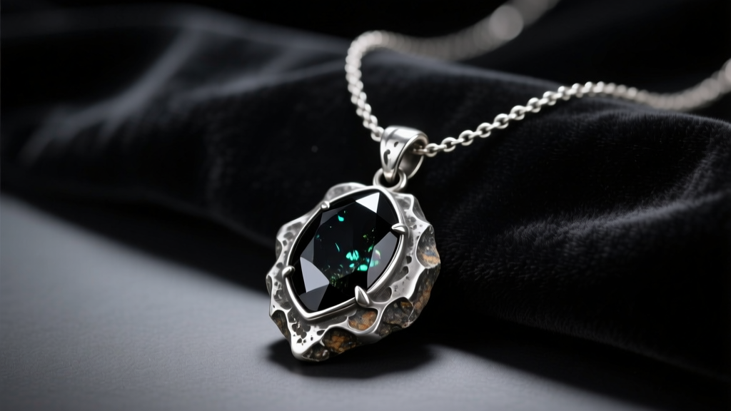 Oxidized sterling silver witches necklace with raw black tourmaline pendant resting on dark velvet in moody lighting