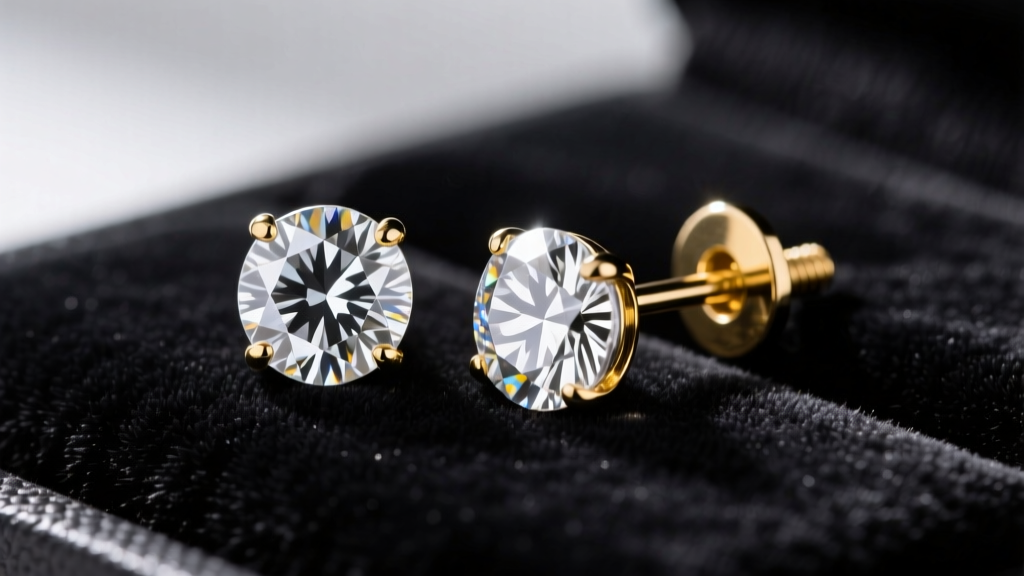 Close-up of round cut diamond stud earrings on dark velvet, with one gold screw back earring backing placed beside them