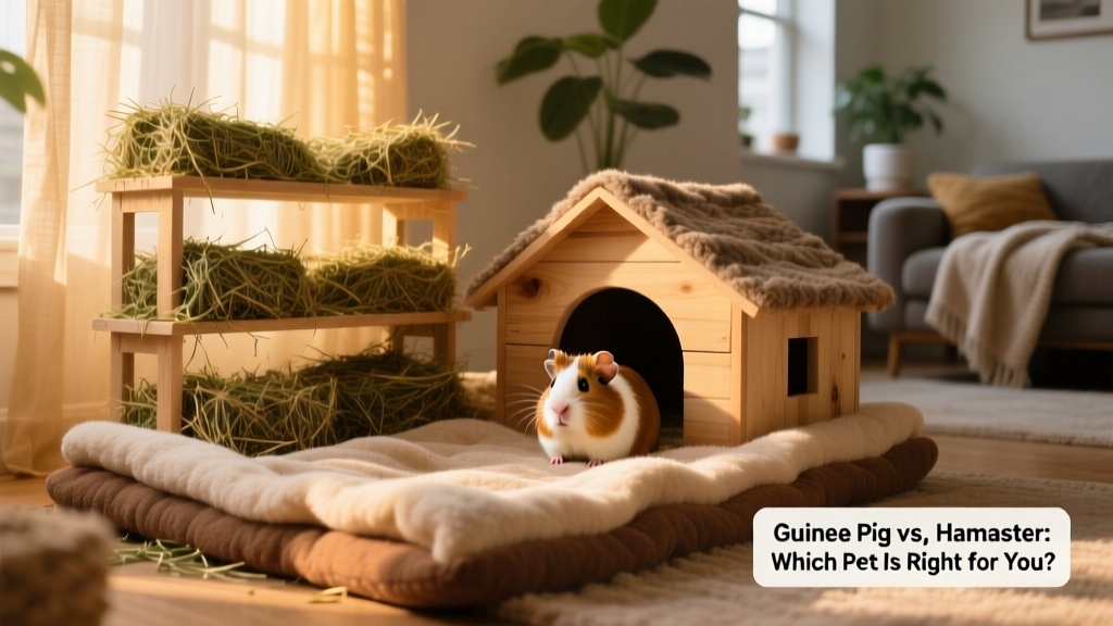 A well-organized guinea pig habitat with layered fleece bedding, hideouts, and hay racks