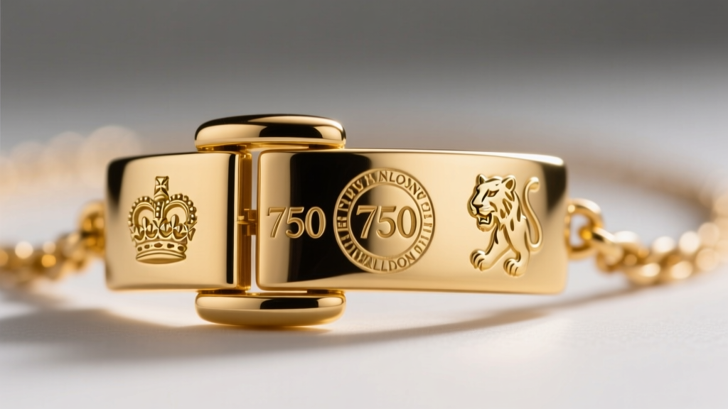 Macro shot of a British gold necklace clasp showing stamped hallmarks: a crown, the number 750, and a London leopard head mark.