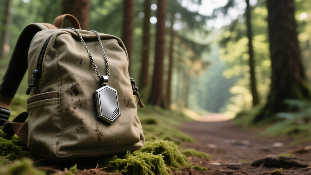Rugged titanium pendant on a canvas backpack, with a blurred forest trail and pine trees visible in the soft, natural background.