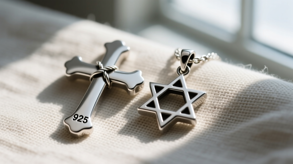 Macro shot of a sterling silver cross and Star of David pendant showing the solder joint and 925 hallmark on linen.