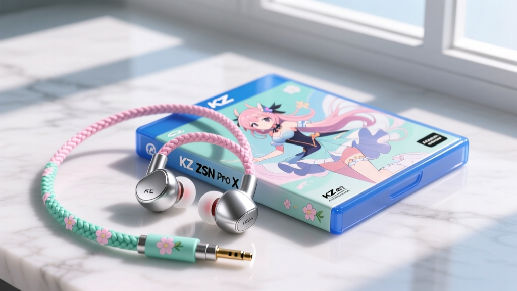 Silver KZ ZSN Pro X in-ear monitors with a custom pastel anime-themed braided cable resting on a collector edition Blu-ray case.