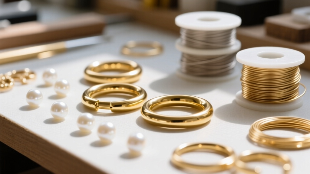 Close-up of a DIY workbench with 14k gold hoops, loose white freshwater pearls, and 22-gauge wire spools under bright daylight