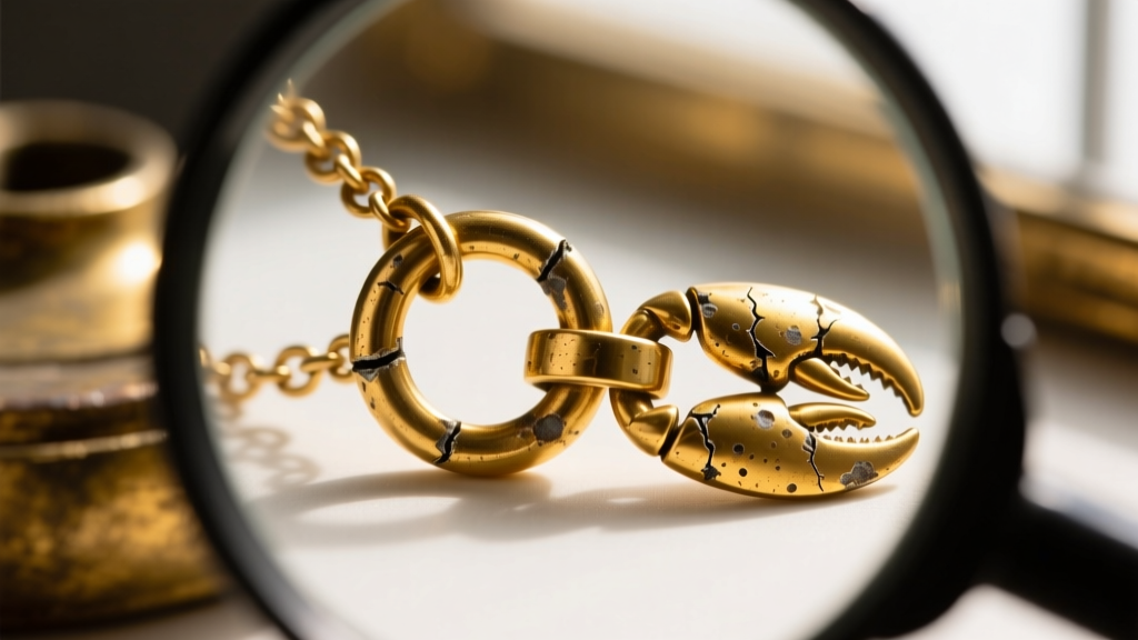 Jeweler loupe view of a worn jump ring and lobster clasp on a gold necklace, highlighting soldering weakness and metal fatigue.
