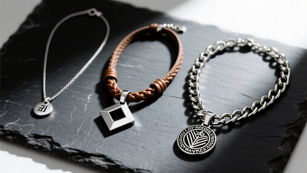 Flat lay of three Cody Maverick necklaces showing varying chain thicknesses, leather braids, and silver pendants on dark slate
