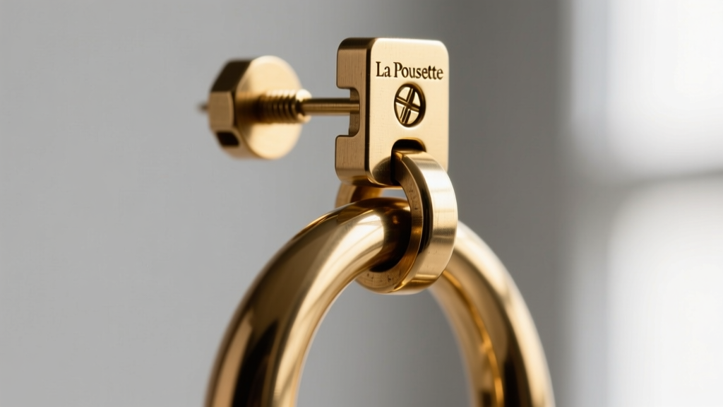 Close-up of a secure la pousette earring backing locking onto a thick 16-gauge post of a heavy brass statement drop earring.
