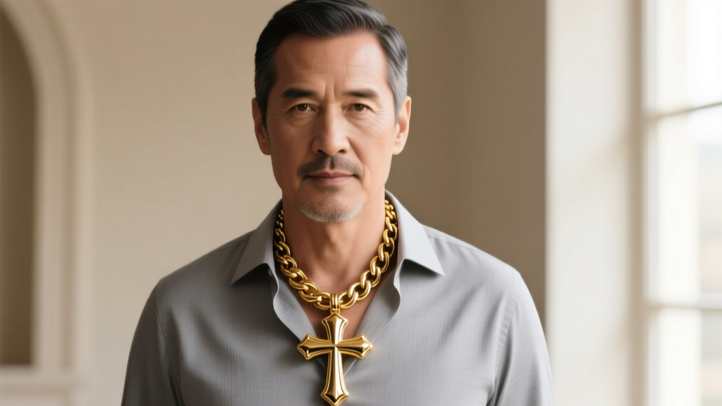 Front portrait of a man wearing a 24-inch gold mens big cross necklace, with the pendant resting perfectly on his lower sternum.