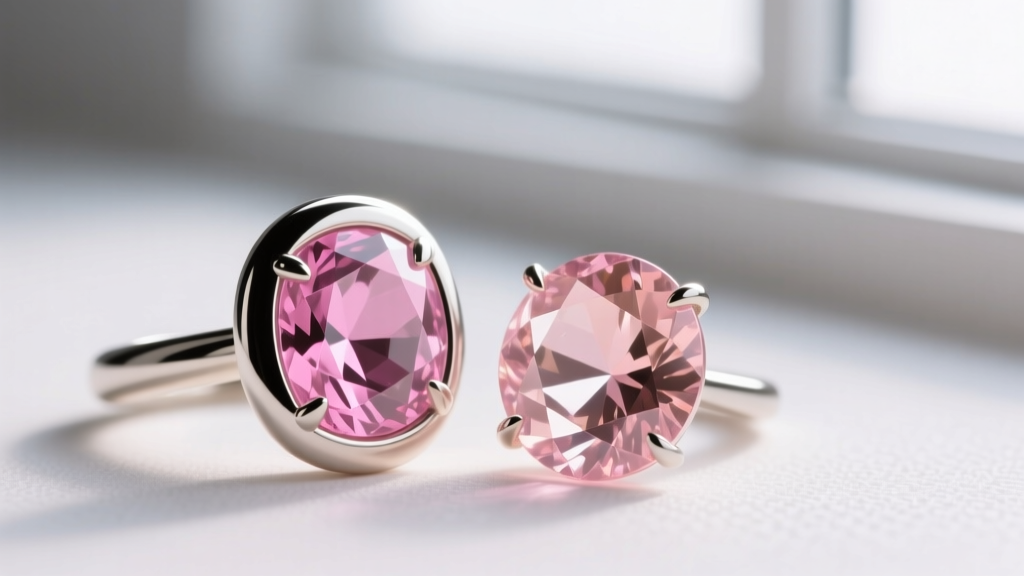 Side profile of a bezel-set pink sapphire and prong-set morganite, highlighting girdle thickness and pavilion depth differences