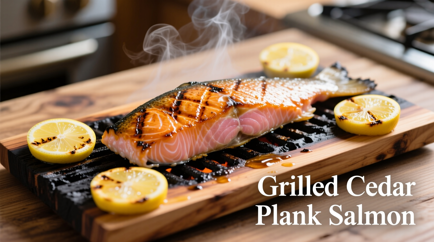 Grilled cedar plank salmon with lemon slices