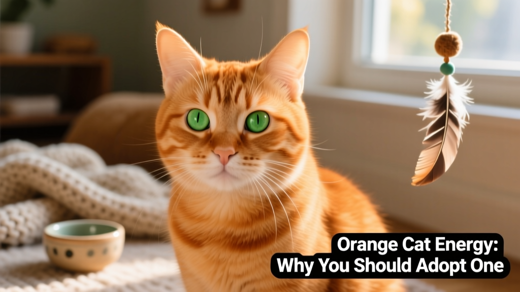 Close-up portrait of a serene orange tabby with striking green eyes and visible 'M' forehead marking