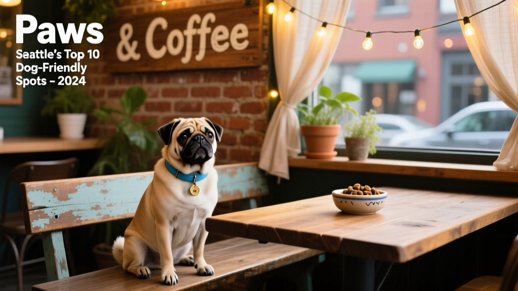 Pug sitting calmly beside a small table at a charming, rustic dog-friendly cafe with string lights overhead