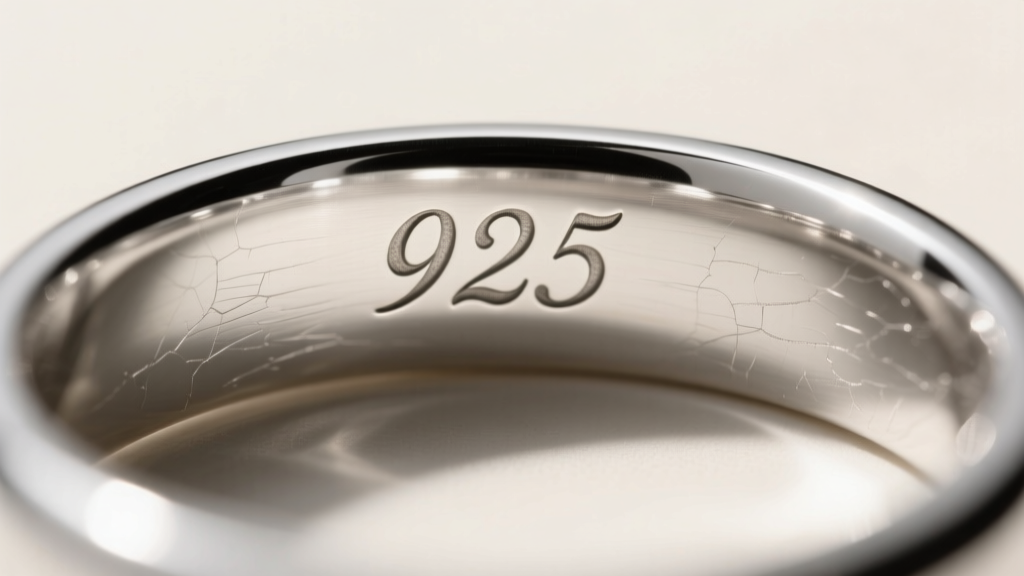 Macro photography of a 925 sterling silver ring stamp on the inner band, illuminated by a focused jeweler's loupe light