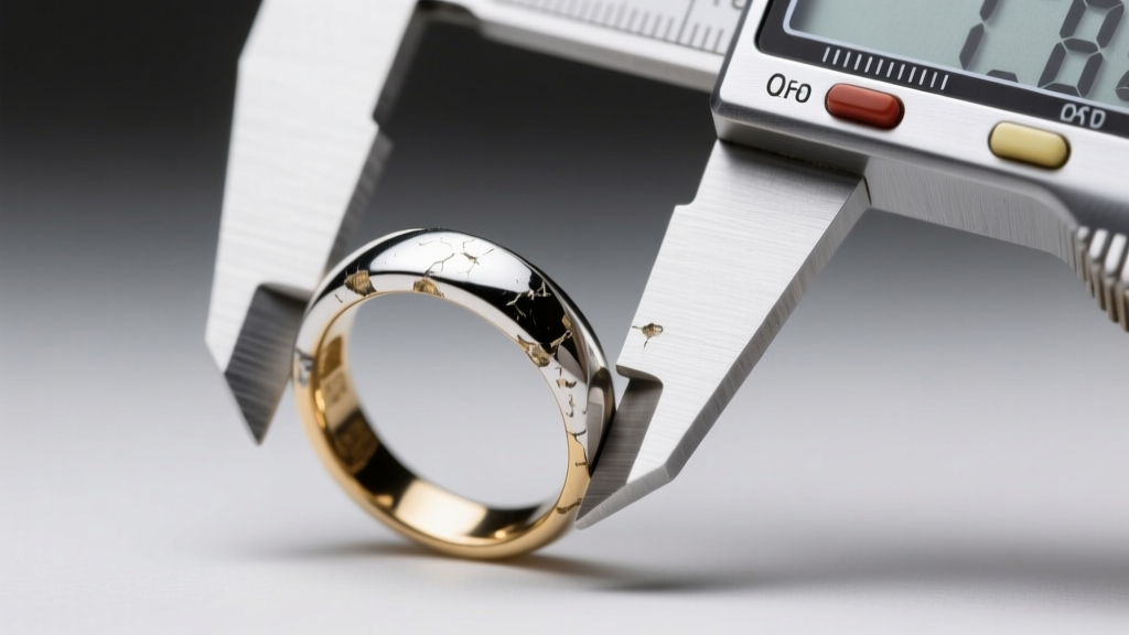 Jeweler measuring worn white gold ring shank with digital calipers to assess rhodium loss and metal degradation under bright light