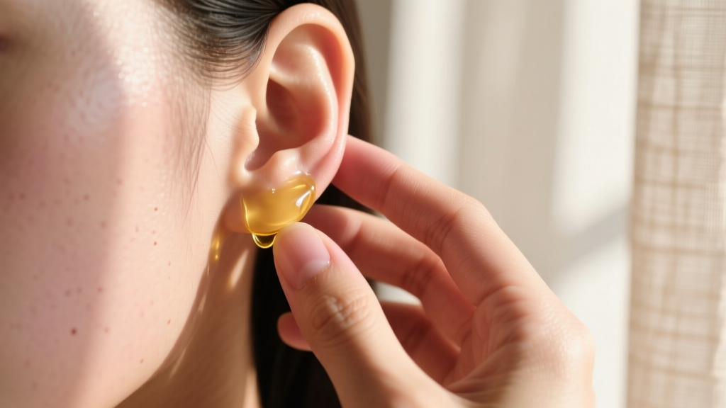 Fingers massaging a stretched earlobe with clear jojoba oil, warm natural sunlight, sharp focus on skin texture and hand details.