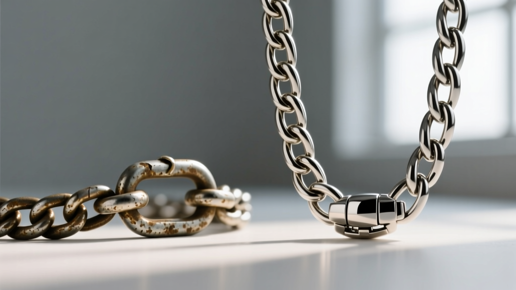 Macro shot of a tarnished alloy box chain with a spring ring clasp next to a polished stainless steel chain with a lobster clasp.