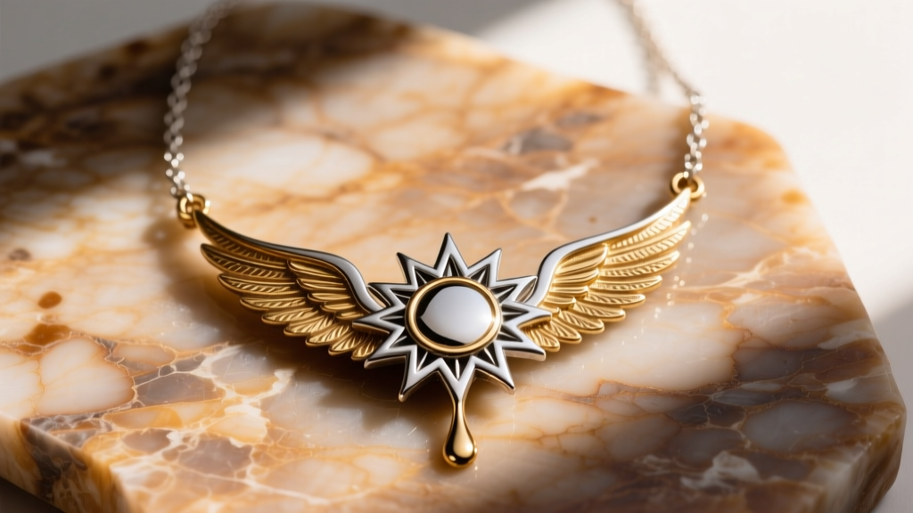 Overhead shot of an Icarus necklace with a sunburst titanium pendant and a dripping brass wing on a textured marble surface