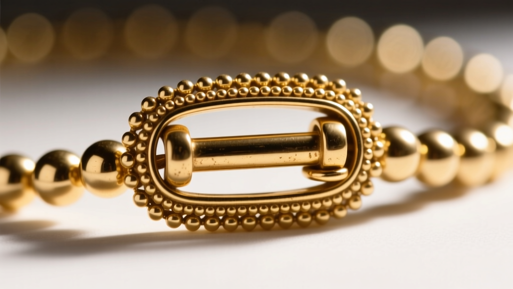 Close-up macro shot of an antique push-in tube clasp on a 22k gold bead strand, showing intricate milgrain detailing and patina.