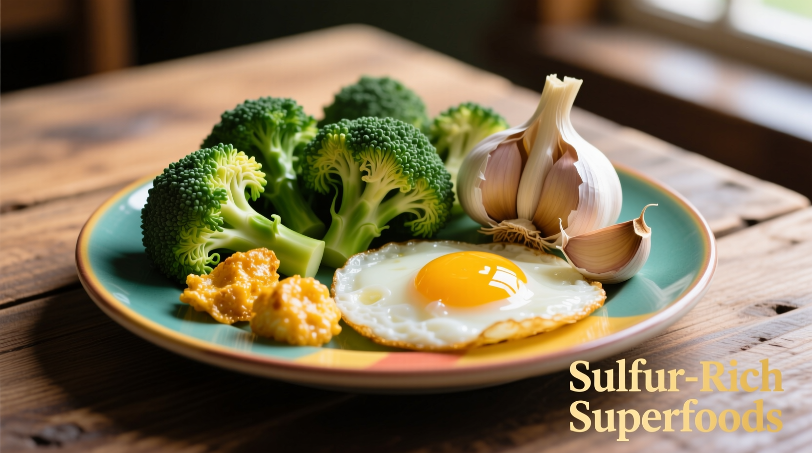 Colorful plate of sulfur-rich foods including broccoli, garlic, and eggs