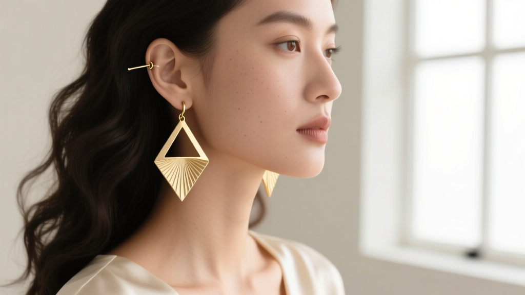 Model wearing lightweight 14k gold-filled geometric fan drop earrings, highlighting the earlobe and a 20-gauge French wire hook.