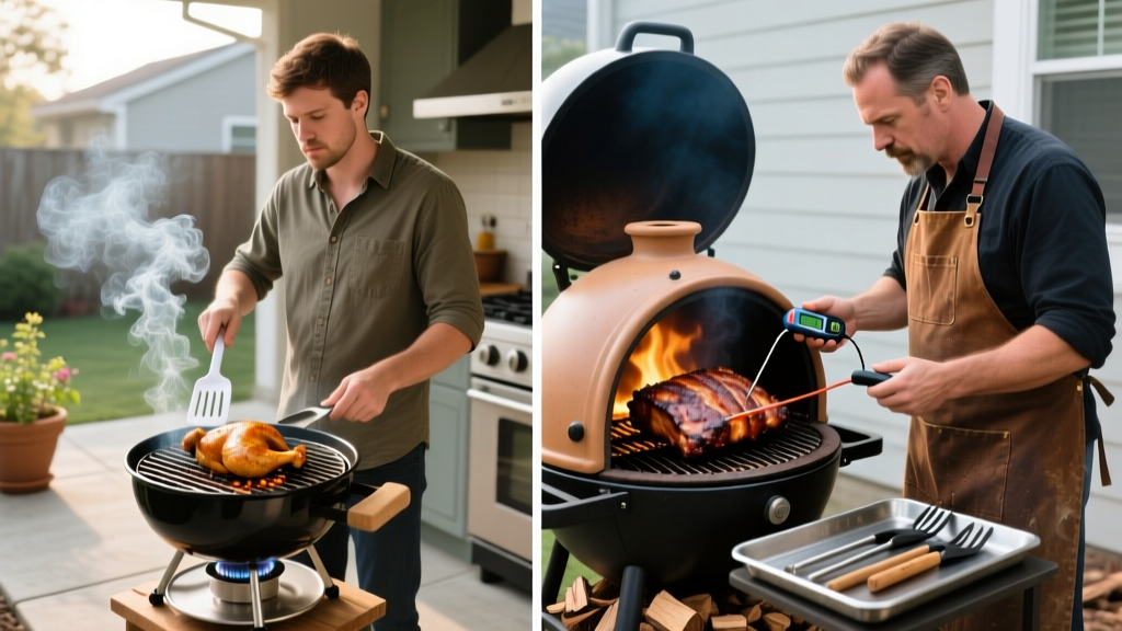 Split-screen comparison of a novice grilling chicken on a basic gas grill versus a pitmaster monitoring a brisket on a ceramic kamado smoker