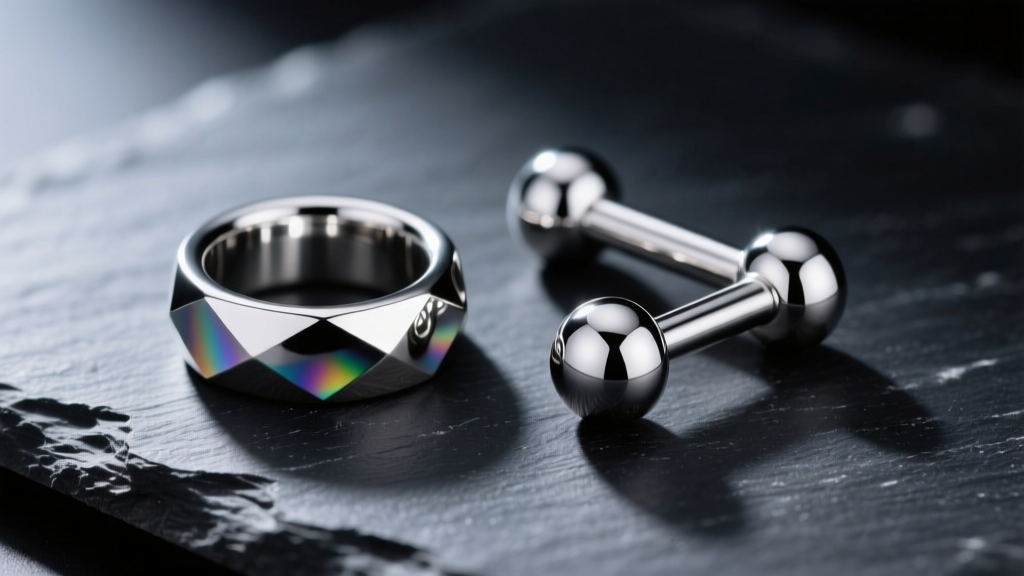 Macro shot of polished 316L stainless steel captive bead rings and barbells on dark slate, illuminated by dramatic studio lighting.