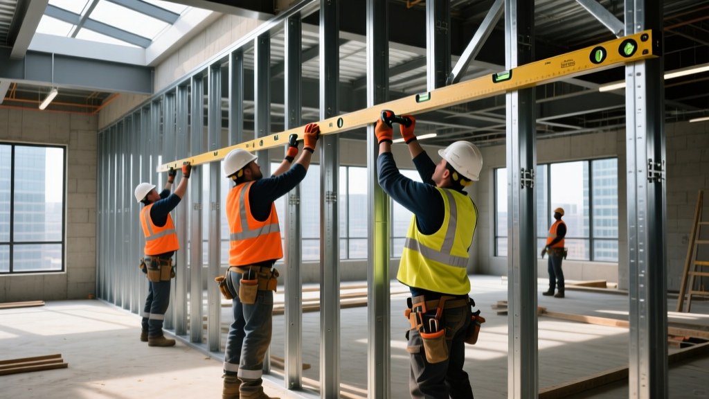 Construction workers installing 16-gauge galvanized steel stud wall framing with top tracks and cross bracing in a commercial building skeleton