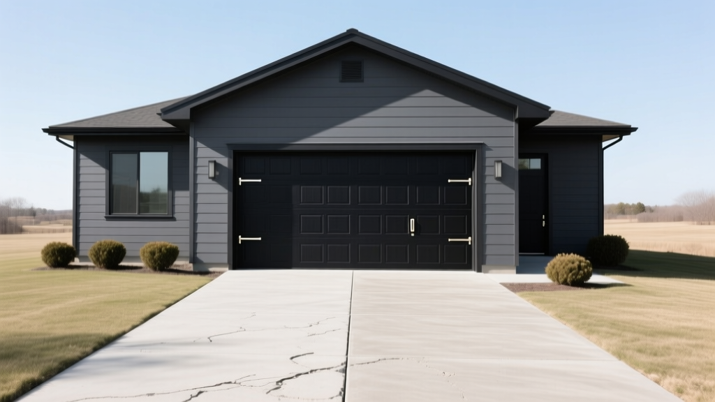 Modern detached two-car garage with charcoal vinyl siding, black carriage doors, and fresh concrete driveway in bright daylight.